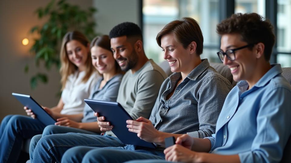 Diverse Gruppe von Lernenden, die auf Tablets und Laptops Bildungs-Videos betrachten. Sie zeigen engagierte Gesichter und modernen Lernumgebungen. Repräsentation von Inklusivität und modernem E-Learning.