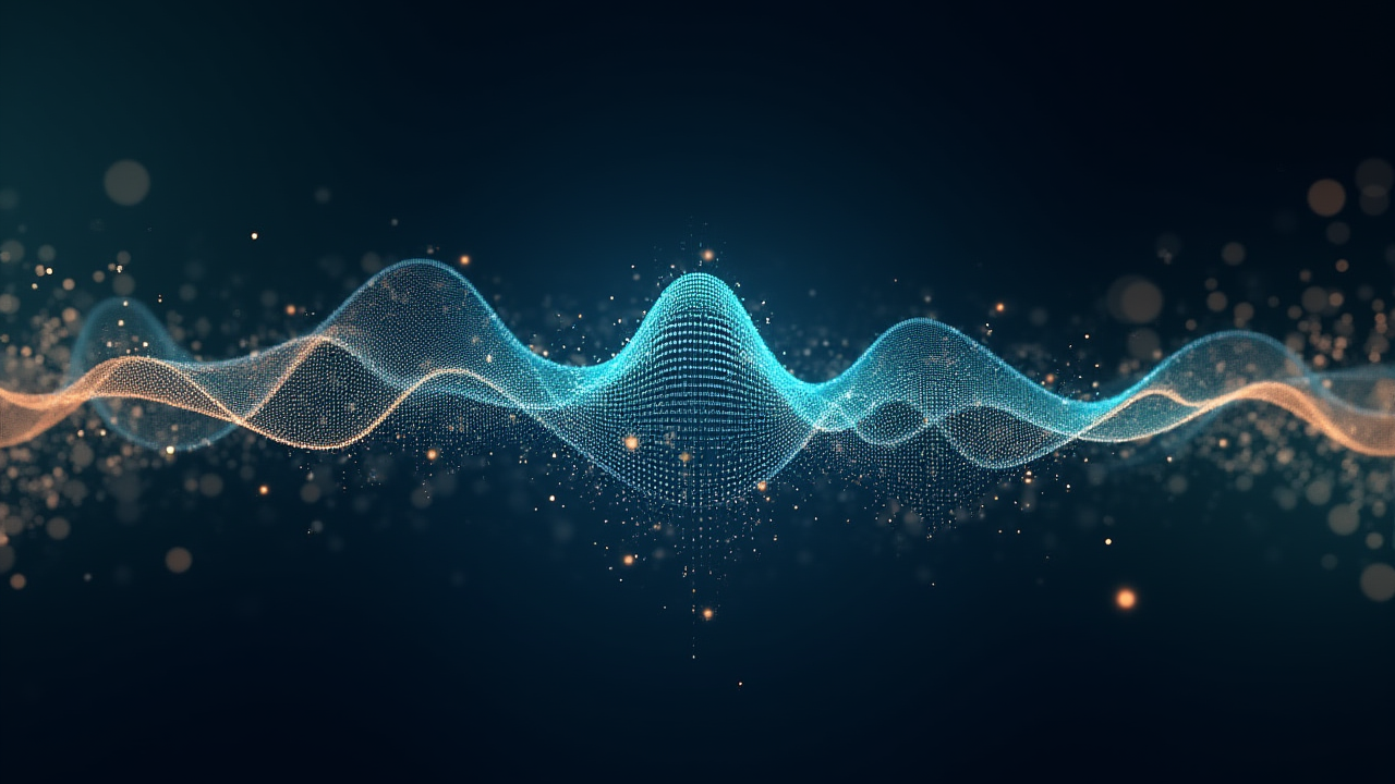 Abstrakte Visualisierung einer Schallwelle, die sich zu einem komplexen neuronalen Netz ausbreitet, Symbob für personalisierte KI-Stimmen